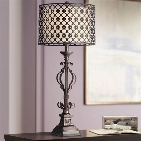 metal lattice shade with fabric inside and metal bronze base|Bronze Metal Shade Table Lamps You'll Love .